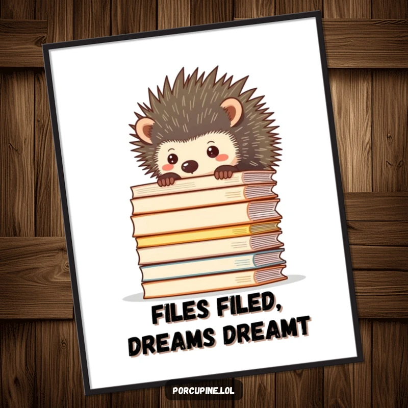 Funny Free Printable Wall Art: A porcupine peeking over a towering pile of papers, looking slightly stressed but humorous.
