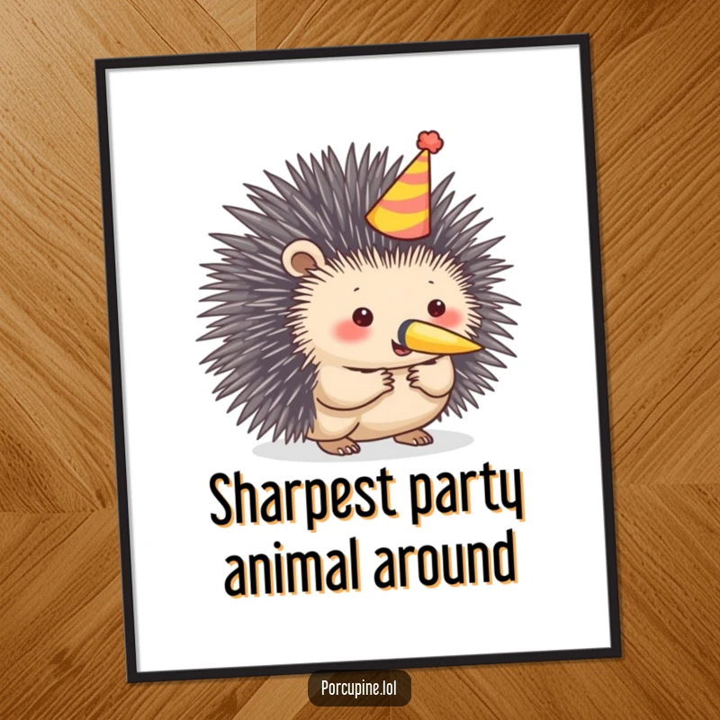 Funny Free Printable Wall Art: A porcupine wears a party hat and blows a horn, radiating cheerful, quirky energy.
