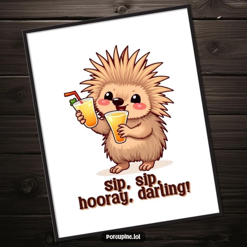 Free Printable Wall Art: A happy porcupine enthusiastically waves a cocktail, ready for a fun-filled celebration.