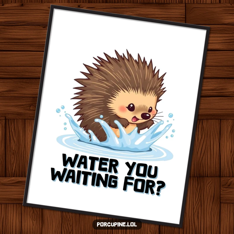 Free Printable Wall Art: A porcupine playfully dodges an incoming splash of water, captured in a moment of comical agility.
