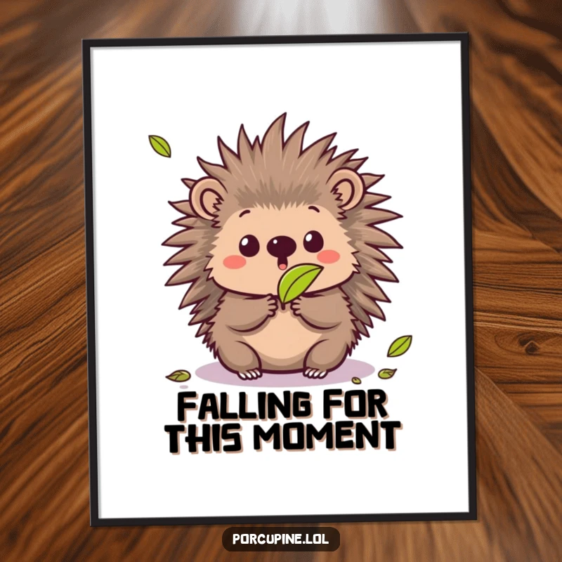 Funny Free Printable Wall Art: A kawaii porcupine with a comically surprised expression as a leaf falls, adding unexpected humor to your space.