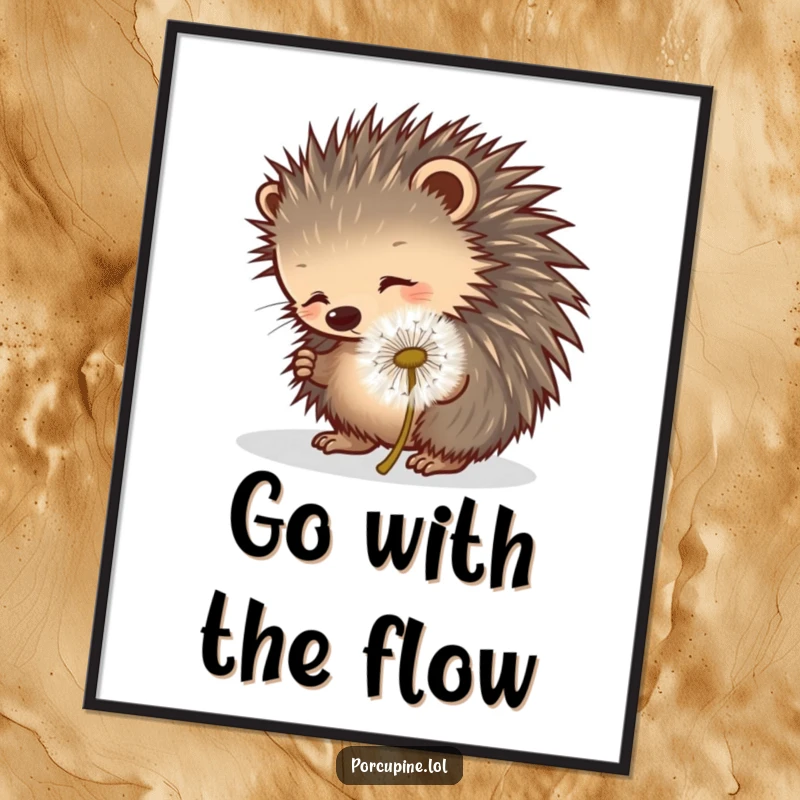 Funny Free Printable Wall Art: A porcupine playfully pokes at a rolling dandelion puff, depicting innocent fun.