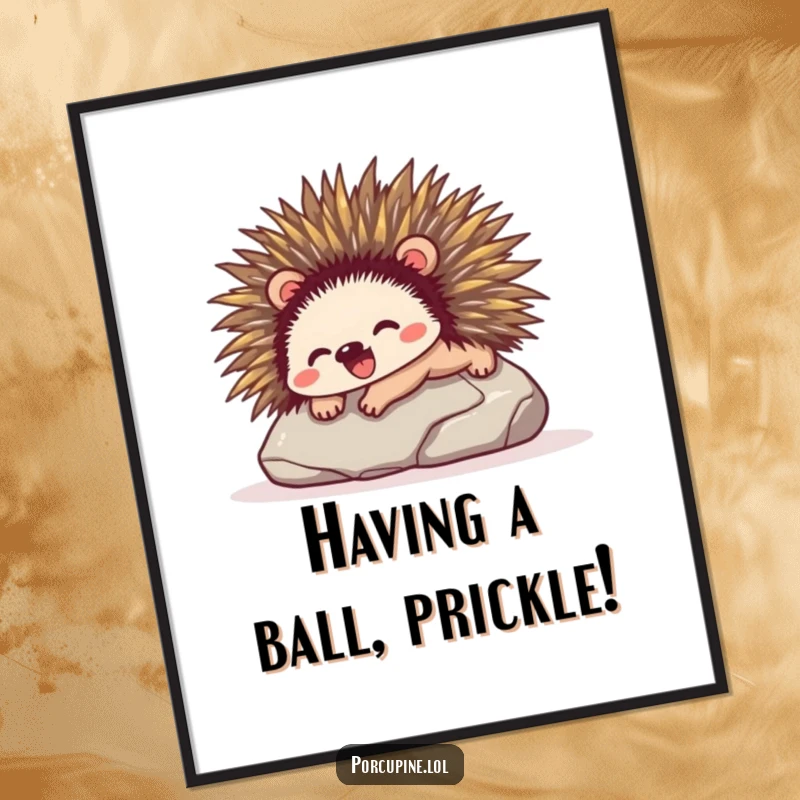 Funny Free Printable Wall Art: A porcupine slides down a smooth stone with pure glee, bringing smiles and laughter.