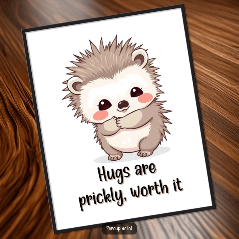 Funny Free Printable Wall Art: Porcupine offering a prickly hug with a shy smile, creating endearing, humorous decor.