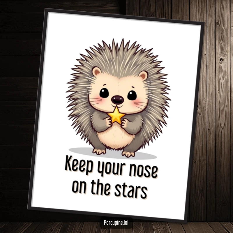 Funny free printable wall art: a porcupine balances a tiny, shimmering star on its nose, celestial and whimsical art.