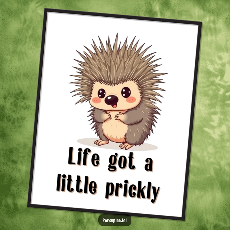 Funny Free Printable Wall Art: A porcupine looks comically surprised while tangled in its own sharp quills, a perfect piece of humor.