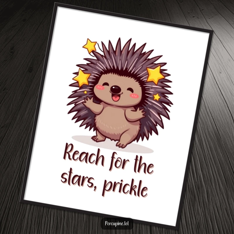 Magical Free Printable Wall Art: A porcupine with quills extended, playfully juggling three bright, sparkling stars.