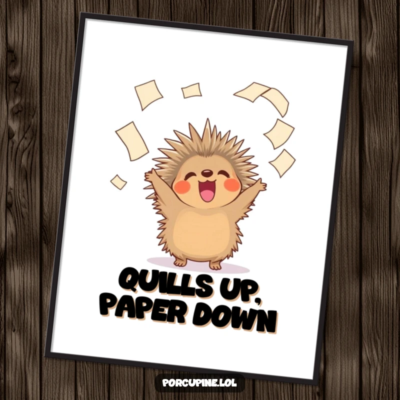 Funny Free Printable Wall Art: Cheerful porcupine launching papers into the air with pure, unadulterated glee.