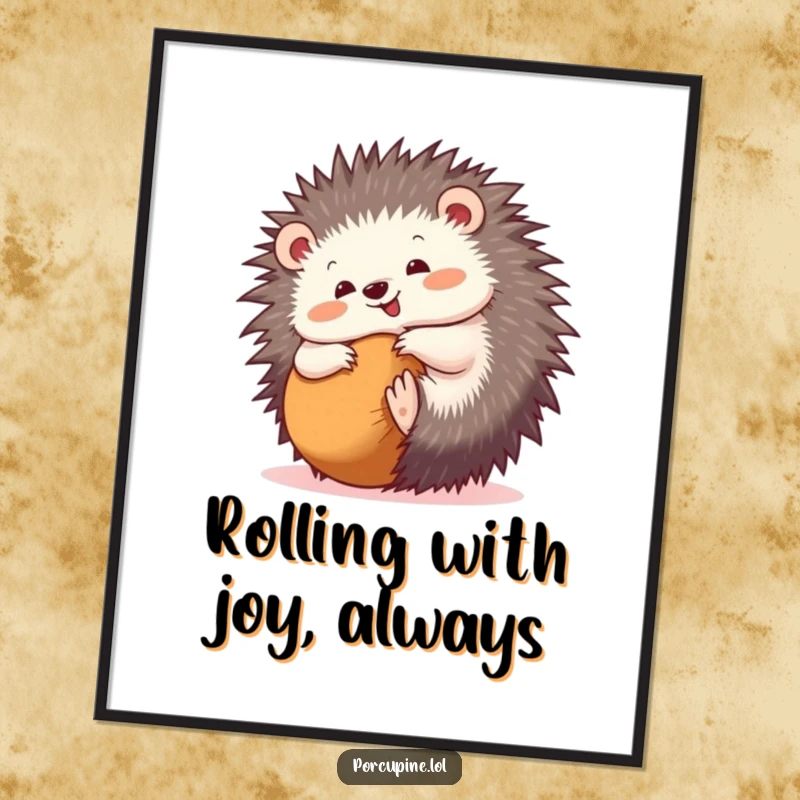 Funny Free Printable Wall Art of a porcupine joyfully curled into a ball, radiating happiness.