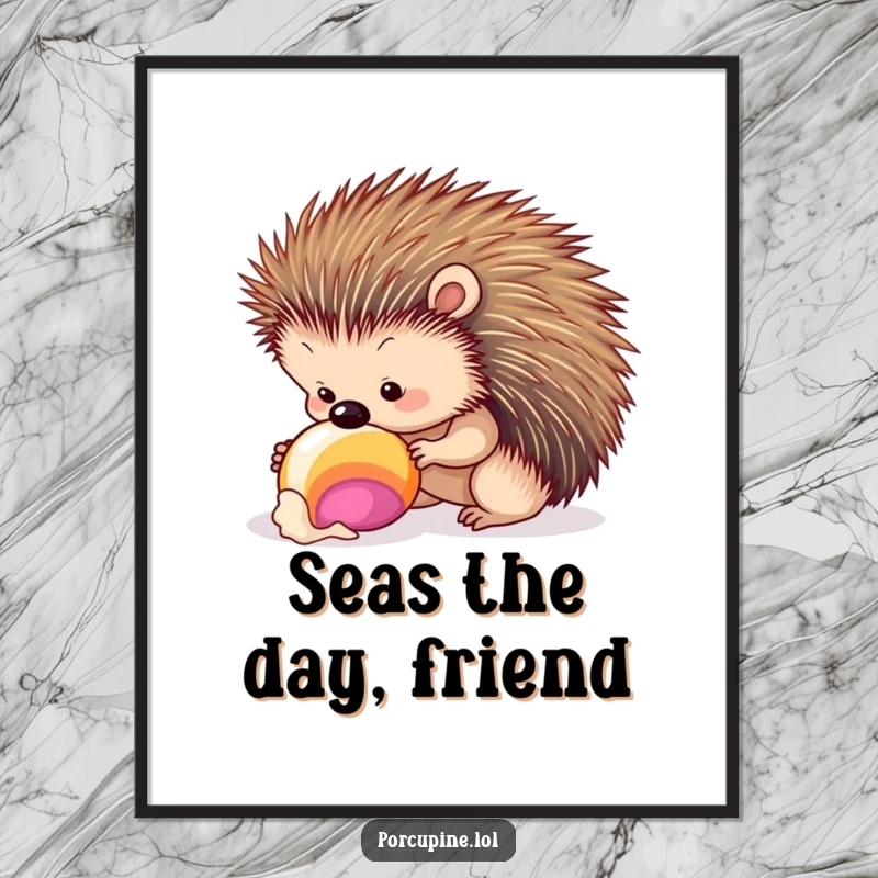 Free Printable Wall Art: A porcupine curiously inspects a vibrant, colorful seashell, lost in its delicate details.