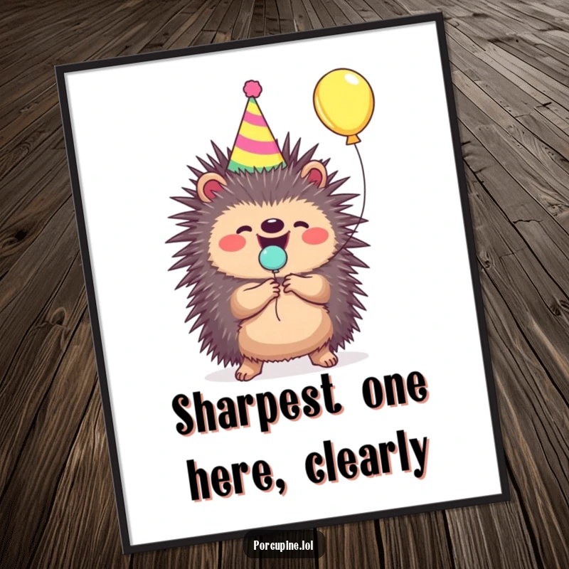 Funny Free Printable Porcupine Wall Art: A porcupine wearing a party hat gleefully pops a tiny balloon, radiating celebratory vibes.