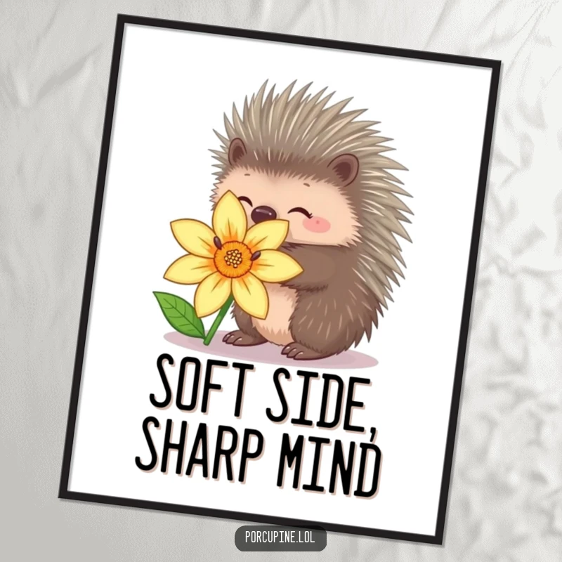 Funny Free Printable Wall Art: A porcupine with retracted quills attempts a sweet, comical hug with a flower.