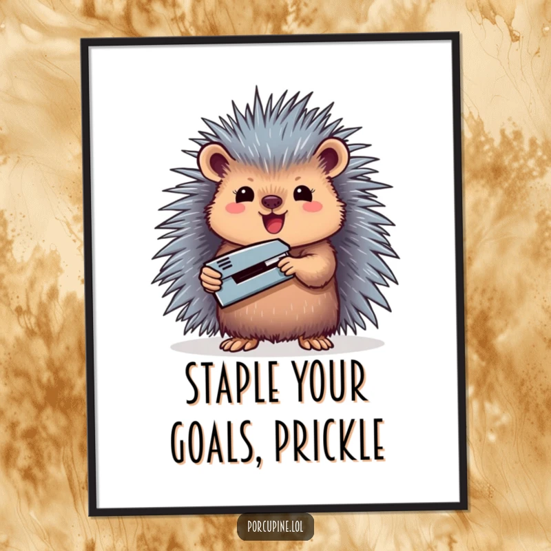 Funny free printable wall art: A porcupine stands tall, triumphantly holding a miniature stapler, representing victory over tasks.