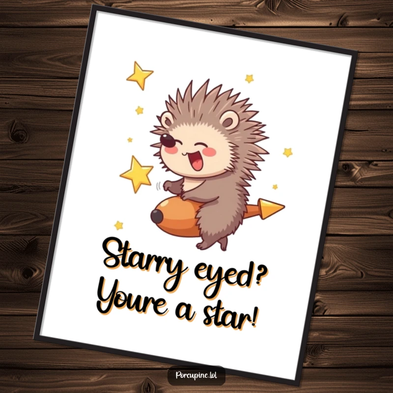 Fun Free Printable Wall Art: A porcupine giggling with pure joy while riding a vibrant shooting star.