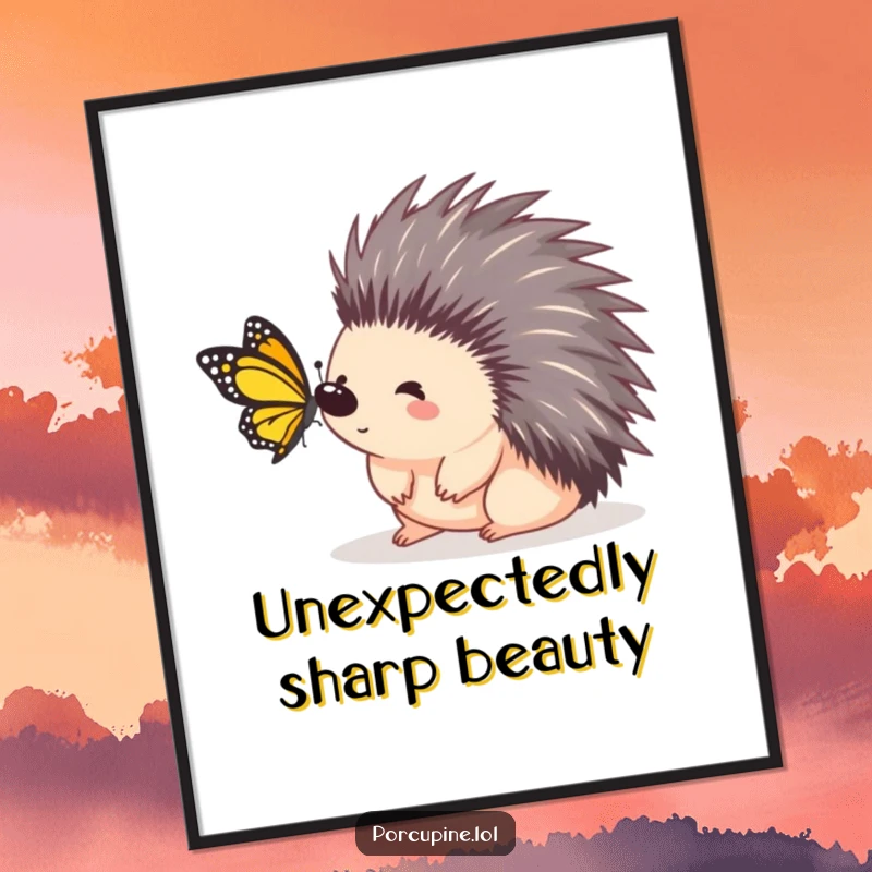 Funny Free Printable Wall Art: A porcupine looks comically surprised as a small butterfly unexpectedly lands on its quills.