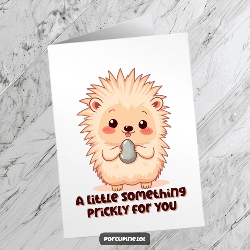 Funny Free Printable Birthday Card: A porcupine joyfully presents a single, shiny pebble as a special birthday offering.