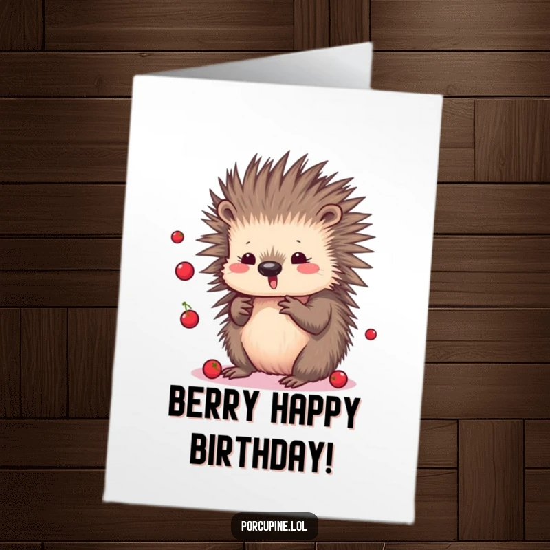 Funny Free Printable Birthday Card: a cute kawaii porcupine gleefully juggles tiny red berries, bringing playful energy and birthday cheer.