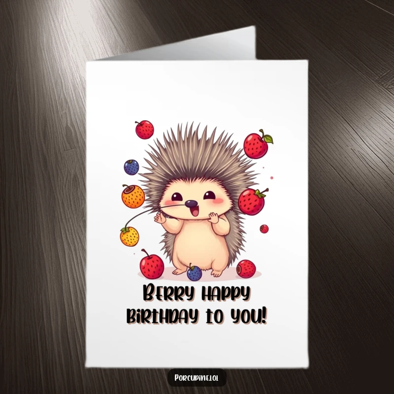 Funny Free Printable Birthday Card showcasing a porcupine expertly juggling colorful berries with its quills.