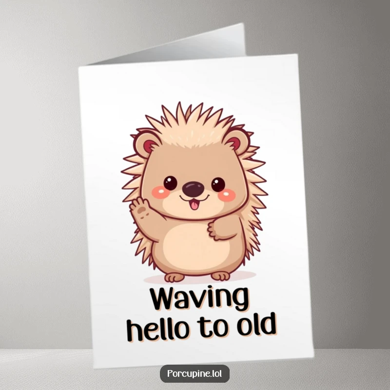 Funny Free Printable Birthday Card: A kawaii porcupine waving its paw cheerfully, sending happy birthday greetings with a friendly gesture.