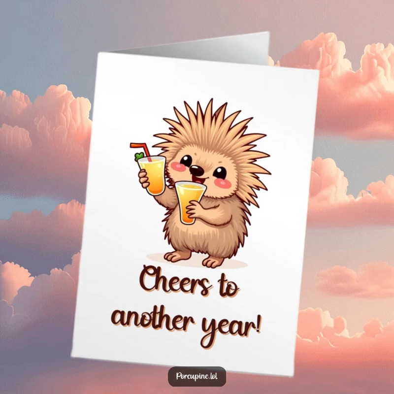 Funny Free Printable Birthday Card: A porcupine joyfully holds a cocktail and enthusiastically waves, ready to party.