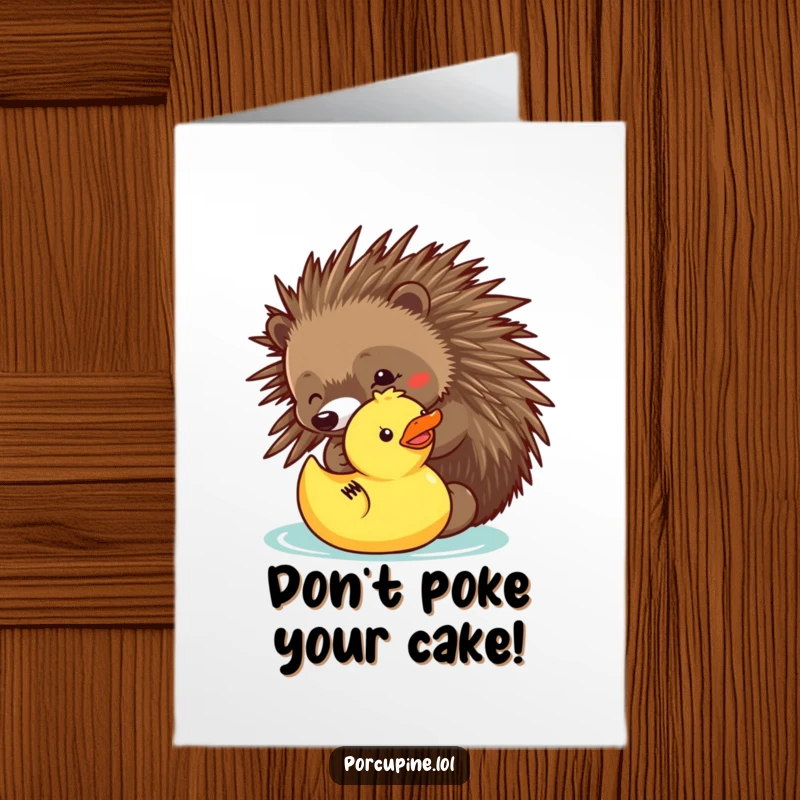 Funny Free Printable Birthday Card: A porcupine curiously pokes a yellow rubber ducky with a single quill, a playful birthday wish.
