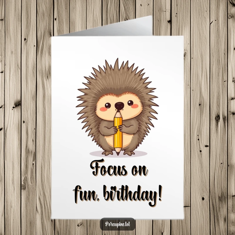 Funny free printable birthday card: A porcupine intensely balances a single pencil on its nose, showcasing extreme focus and quirky talent.