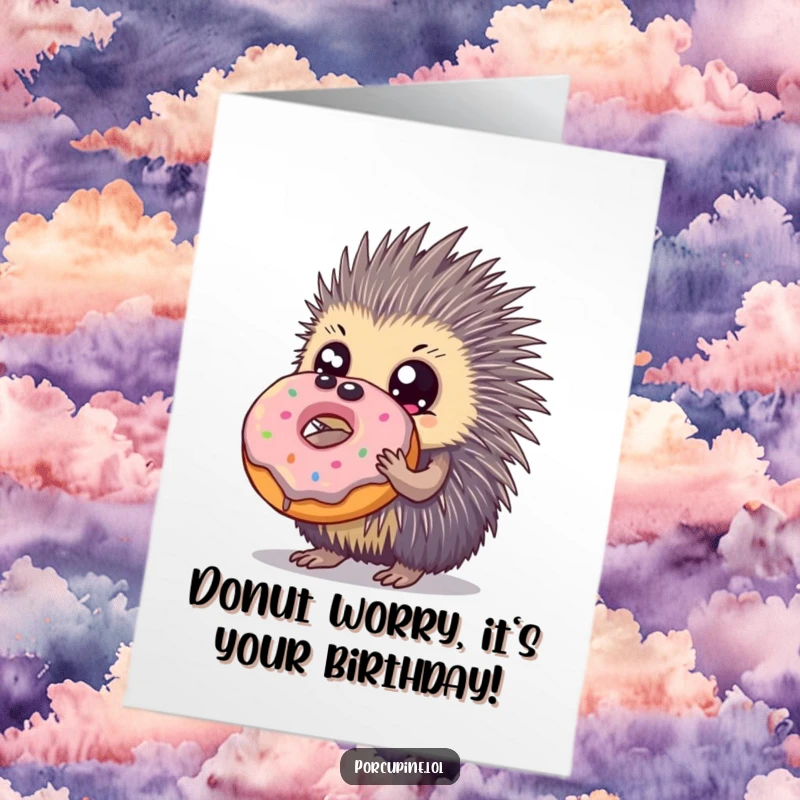Funny Free Printable Birthday Card: Wide-eyed porcupine clutching an enormous donut with pure adoration and delight.