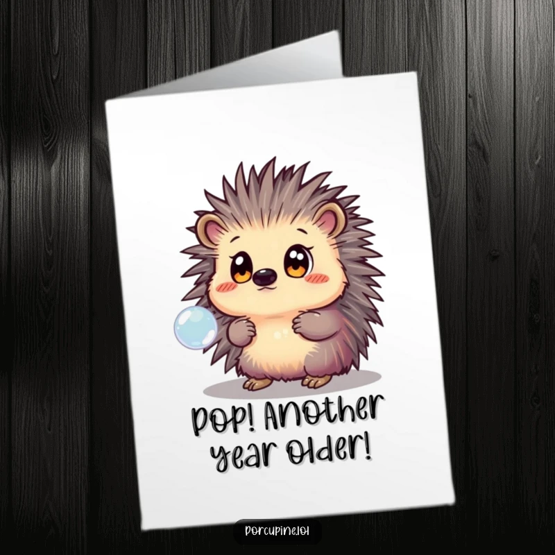 Funny Free Printable Birthday Card: A porcupine with comically wide eyes stares at a magical, shimmering bubble, ready to wish them well.
