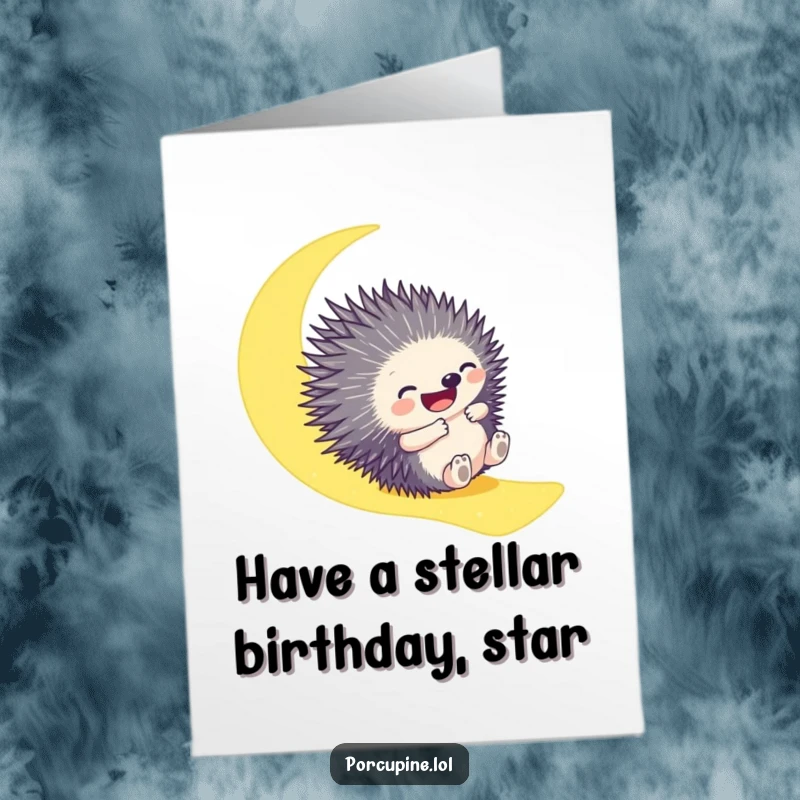 Funny Free Printable Birthday Card: A gleeful porcupine surfing down a luminous moonbeam, celebrating a special day.