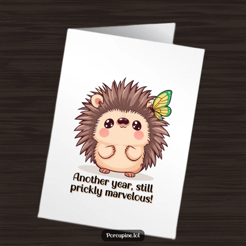 Funny Free Printable Birthday Card: Wide-eyed kawaii porcupine mesmerized by a delicate fluttering butterfly, capturing a moment of pure wonder.