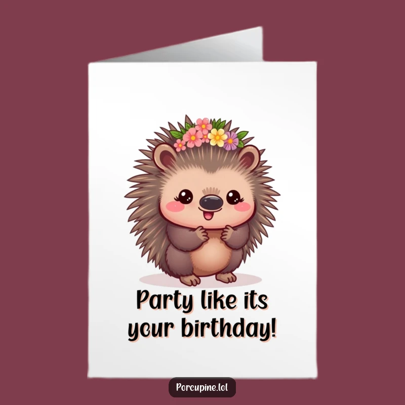 Free Printable Birthday Card: Kawaii Porcupine Flower Crown Funny Gift