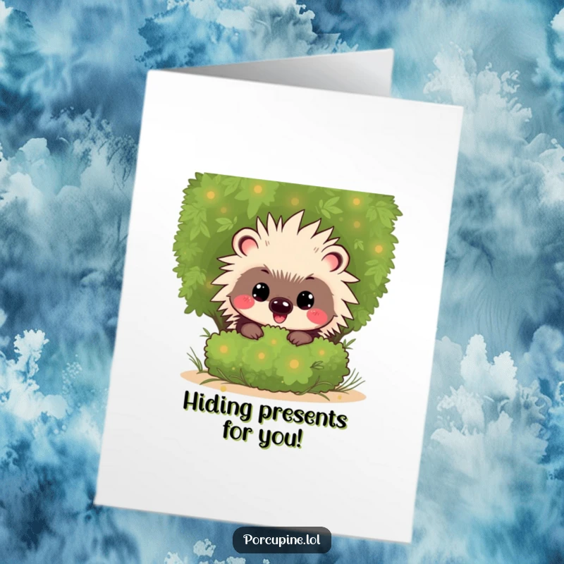 Funny Free Printable Birthday Card: a mischievous kawaii porcupine with a grin peeks playfully from behind a green shrub, ready to surprise.