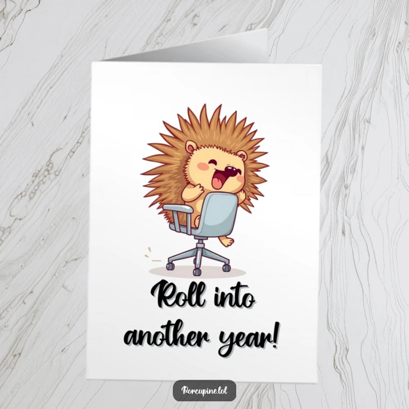 Funny Free Printable Porcupine Birthday Card: A porcupine hilariously rides a runaway office chair, embracing the wild birthday celebration.