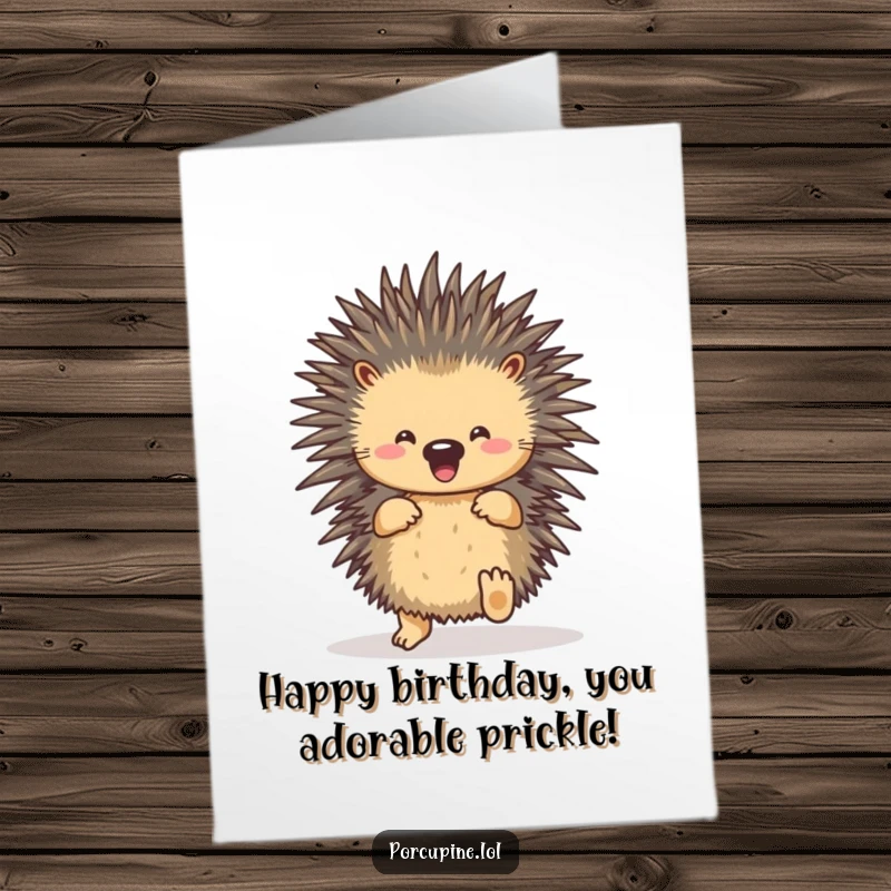 Funny free printable birthday card showing a porcupine joyfully shuffling its feet, radiating happiness and birthday cheer.