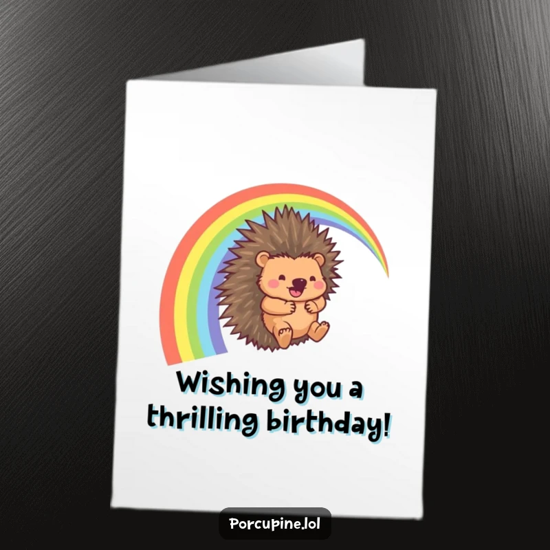 Funny free printable birthday card: a porcupine joyfully slides down a rainbow with a whoosh, spreading birthday cheer.