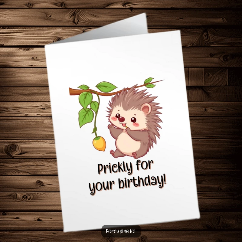 Funny Free Printable Birthday Card: Kawaii porcupine batting playfully at a dangling vine, spreading birthday cheer and giggles.