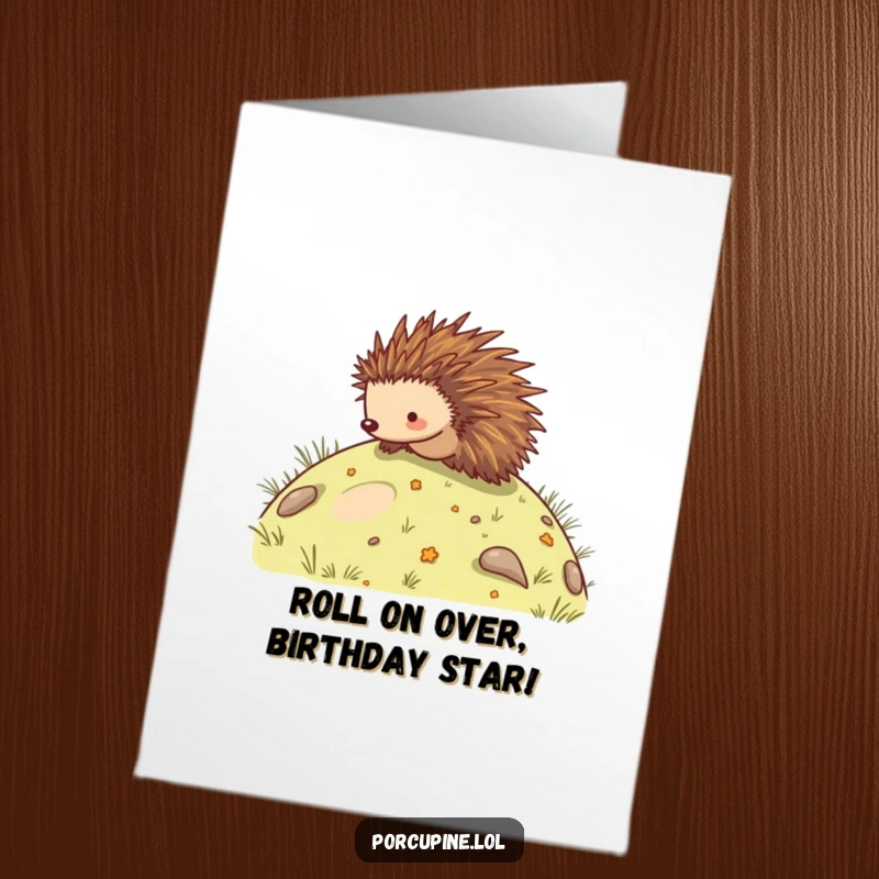 Funny free printable birthday card showing a happy porcupine gleefully rolling down a vibrant green hill, full of playful energy.