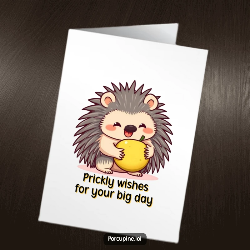 Funny Free Printable Birthday Card: A grinning porcupine hilariously attempts to balance a small fruit, showcasing its quirky charm.