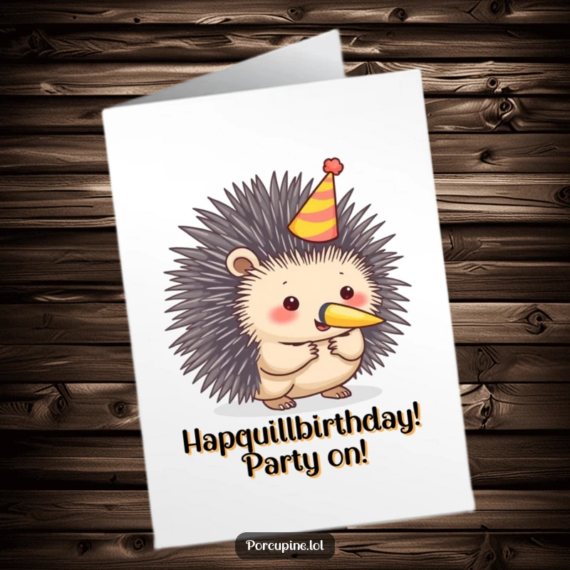 Funny Free Printable Birthday Card: Porcupine in a party hat, joyfully blowing a tiny horn, ready to celebrate.
