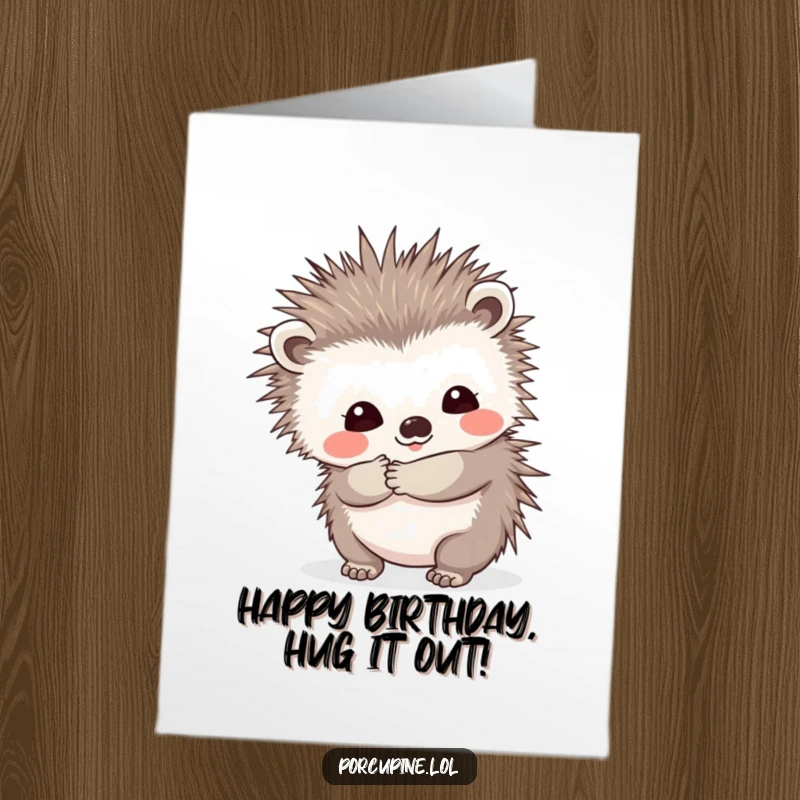 Funny Free Printable Birthday Card: Porcupine offering a prickly hug with a shy smile, radiating awkward affection.