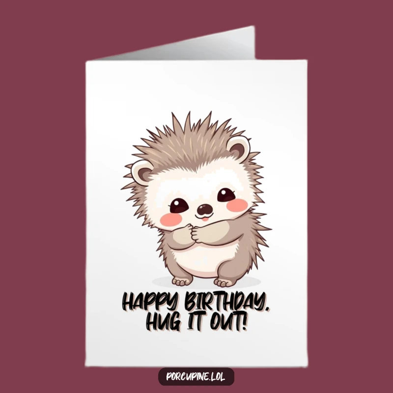 Free Printable Birthday Card: Prickly Hug Porcupine, Shy Smile, Funny Downloadable