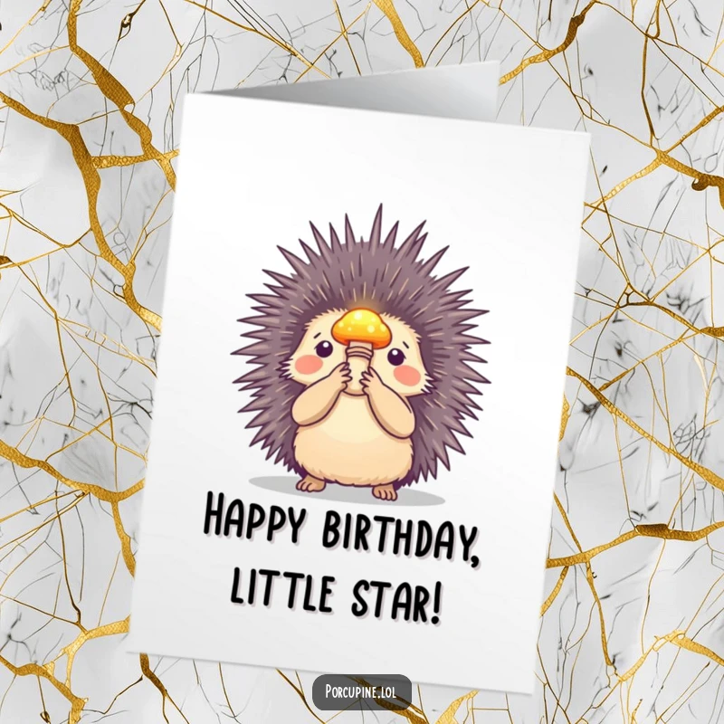 Funny Free Printable Birthday Card with a porcupine holding a small, brightly glowing mushroom aloft.