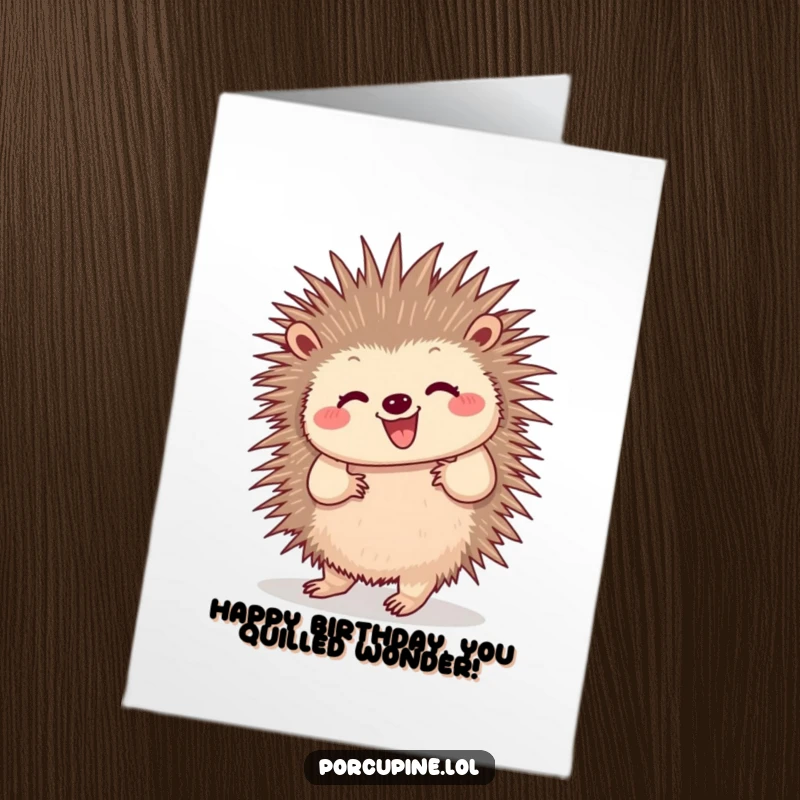 Funny Free Printable Birthday Card: Porcupine happily dancing with wiggling quills, radiating pure joy and celebration.