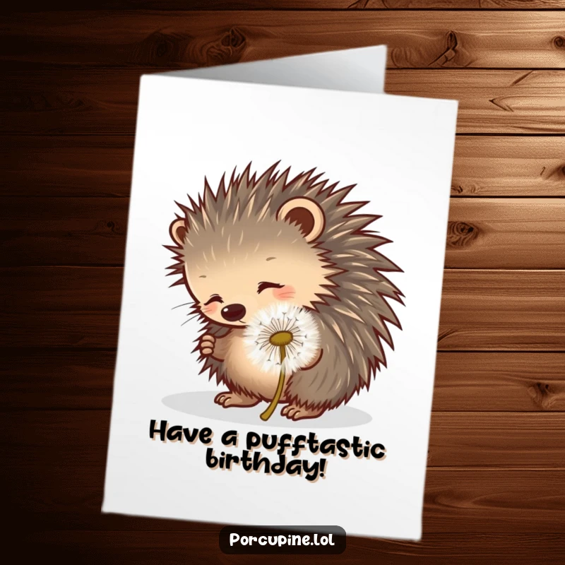 Funny Free Printable Birthday Card: Porcupine playfully pokes a rolling dandelion puff, capturing innocent fun.