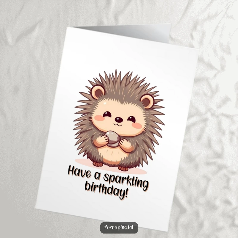 Funny free printable birthday card of a bashful porcupine offering a small, shiny pebble with a sweet smile.