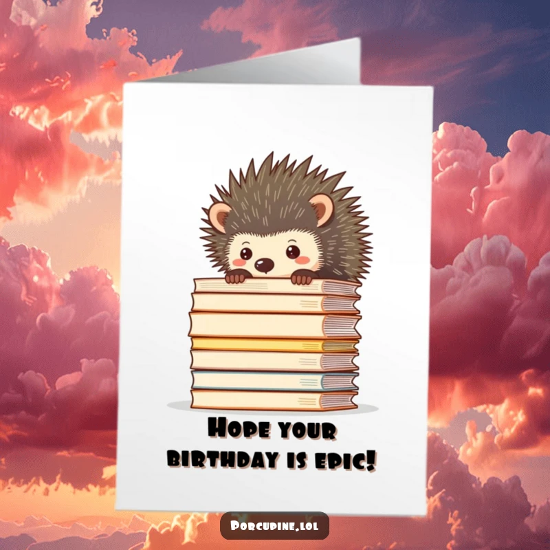 Funny Free Printable Birthday Card: A peeking porcupine looks overwhelmed by a tall stack of work files, hilariously relatable.