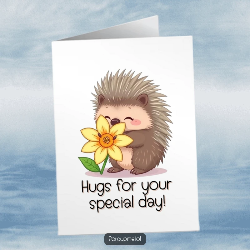 Funny Free Printable Birthday Card: Porcupine retracts quills for a gentle hug attempt on a delicate flower.