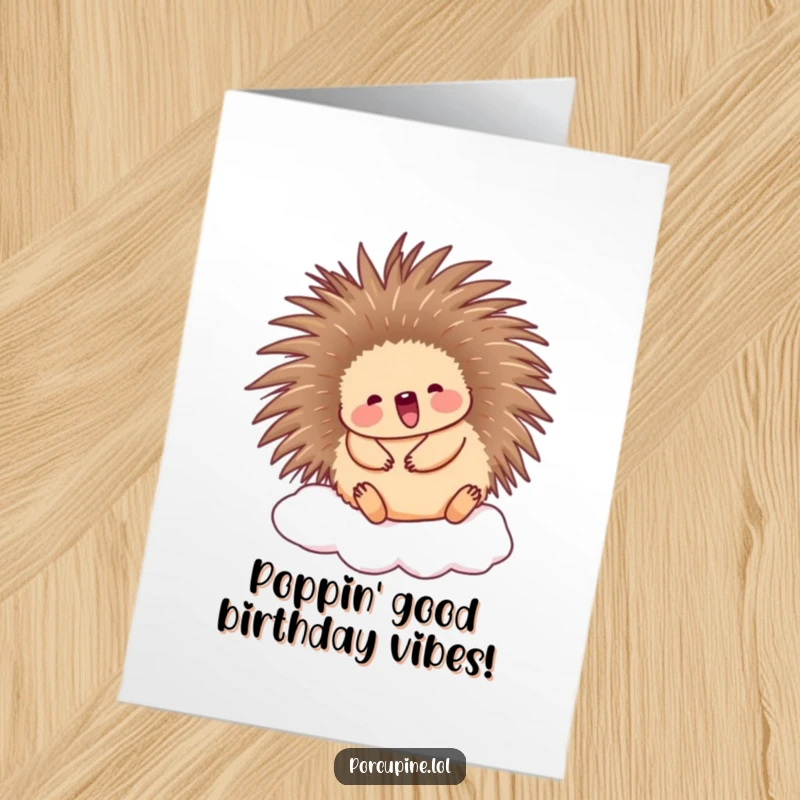Cute Free Printable Birthday Card: A happy porcupine with quills extended, joyfully bouncing on a fluffy white cloud.