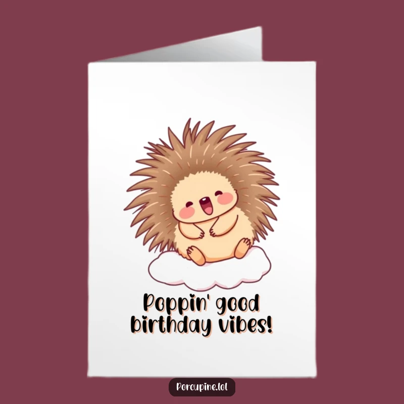 Happy Birthday Free Printable Card: Cute Porcupine Bouncing on Cloud - Whimsical Downloadable
