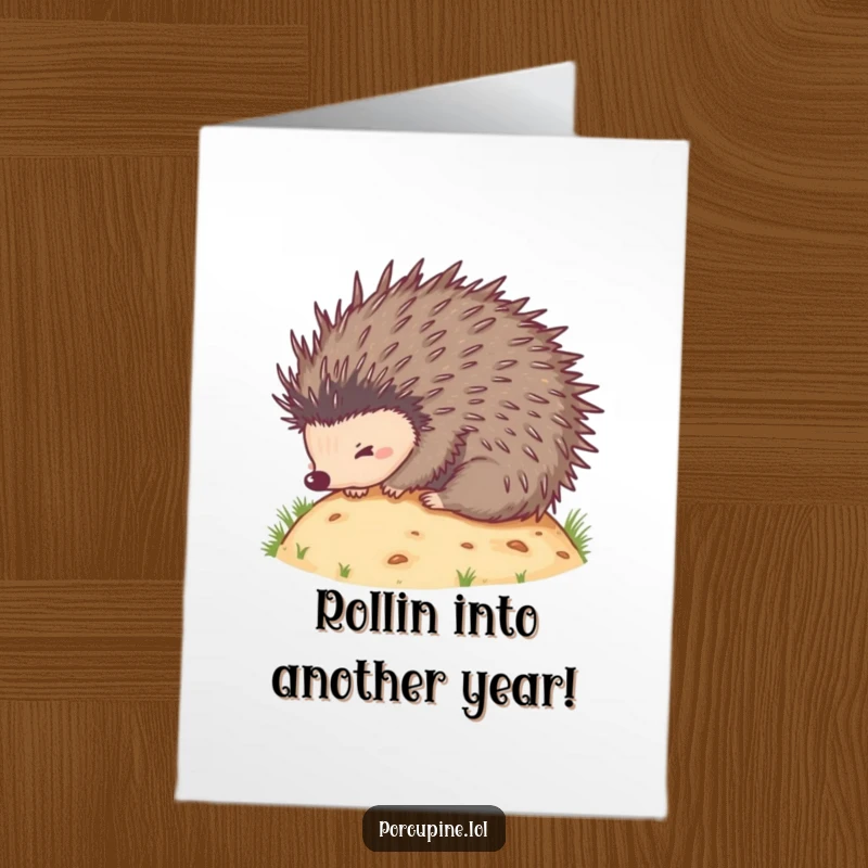 Funny free printable birthday card of a joyful porcupine gleefully rolling downhill with quills outstretched.